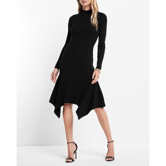Express Dresses & Skirts - Express Black Ribbed Knit Long Sleeve Mock Neck Asymmetric Sweater Midi Dress M